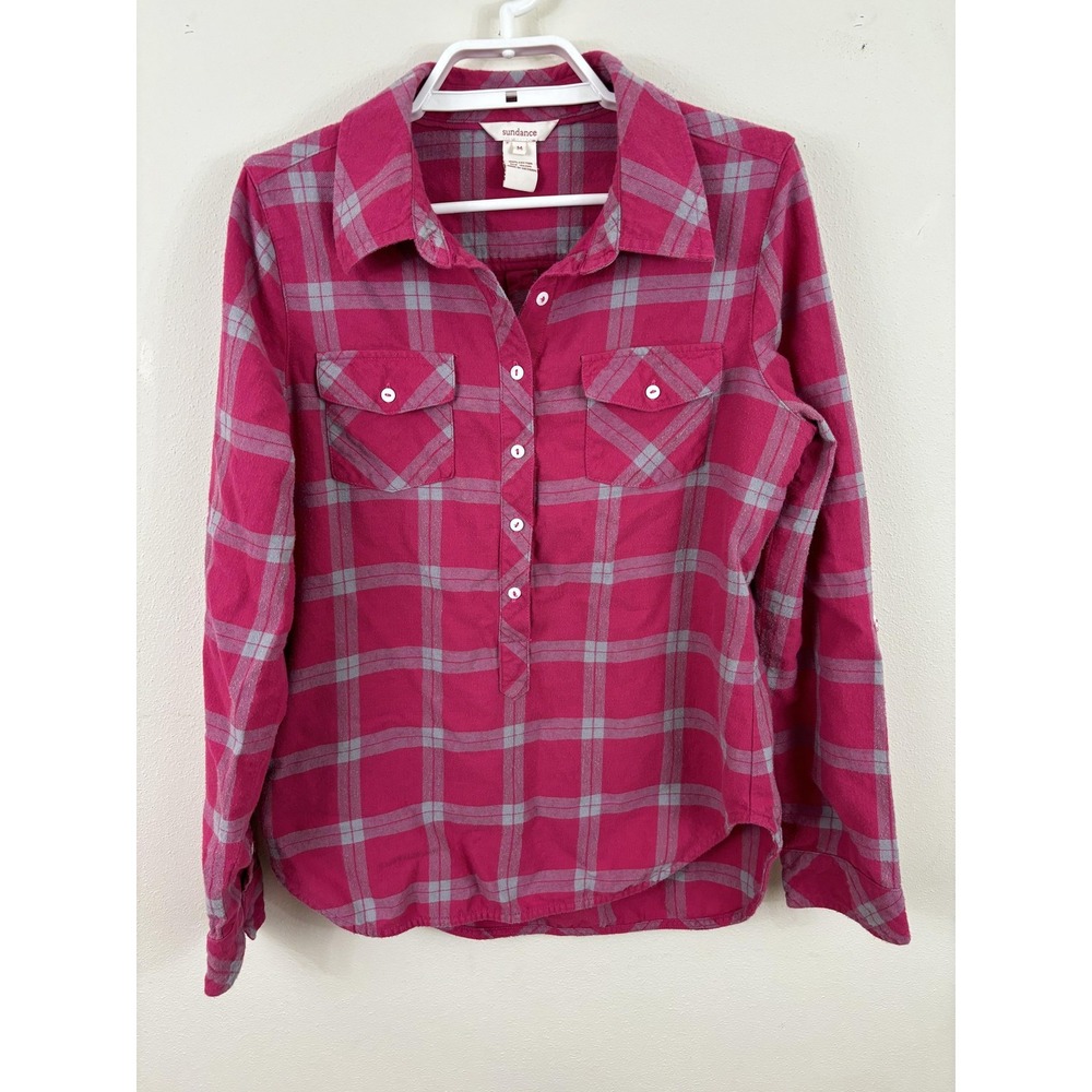 Sundance Shirt Womens Medium Pink‎ Gray Plaid Button Up Long Sleeve Casual Top